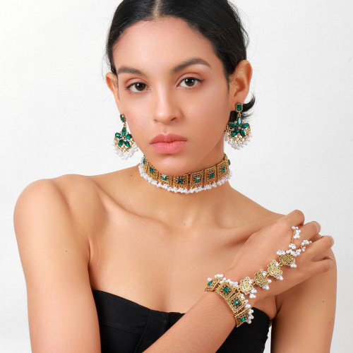Antique Gold Gemstone & Pearl Choker Set with Haathphool