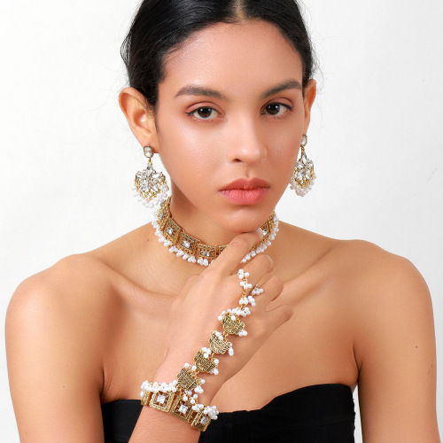 Antique Gold Gemstone & Pearl Choker Set with Haathphool