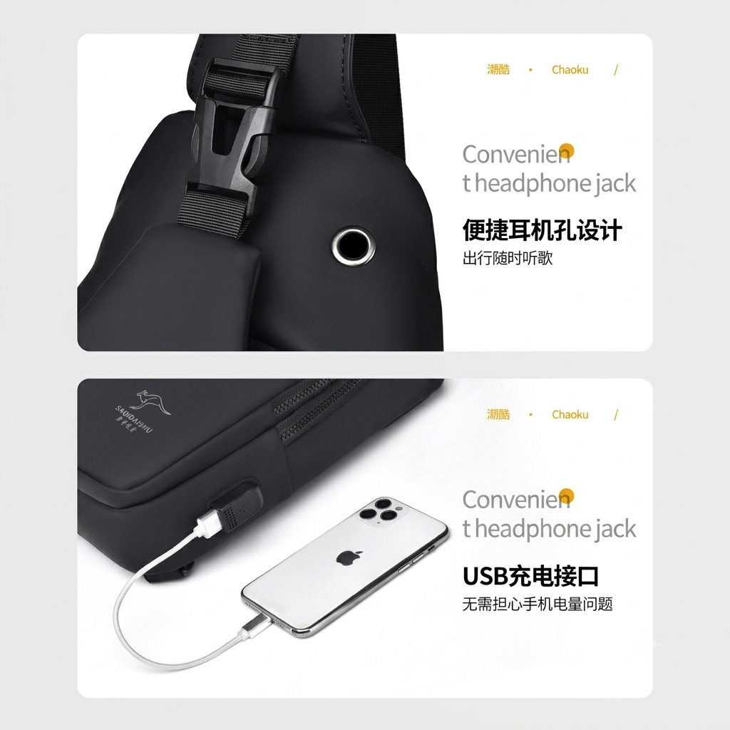 Men's Leather USB Chest Bag