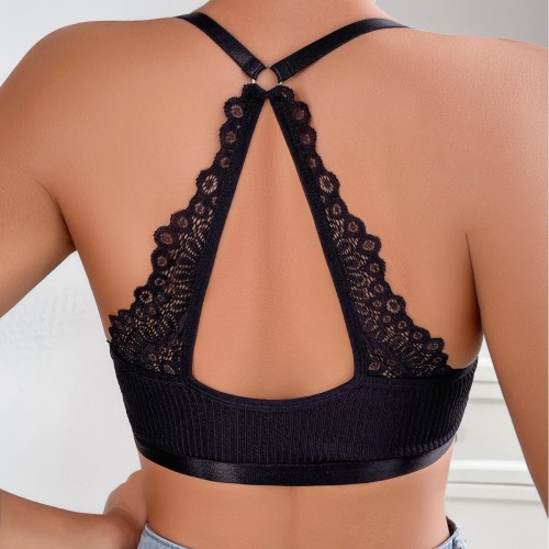 Ribbed Seamless Lace Racerback Bralette Crop Top