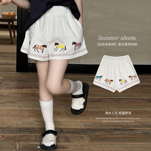 Girls' Cotton Linen Embroidered Shorts