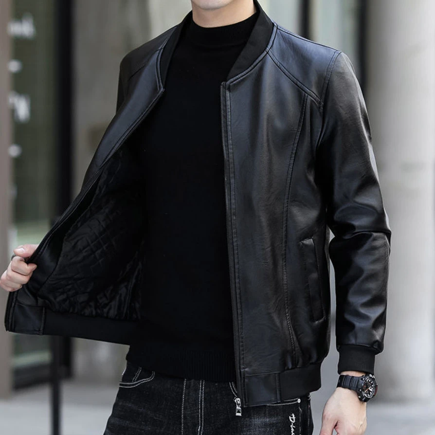 Men's Faux Leather Bomber Jacket