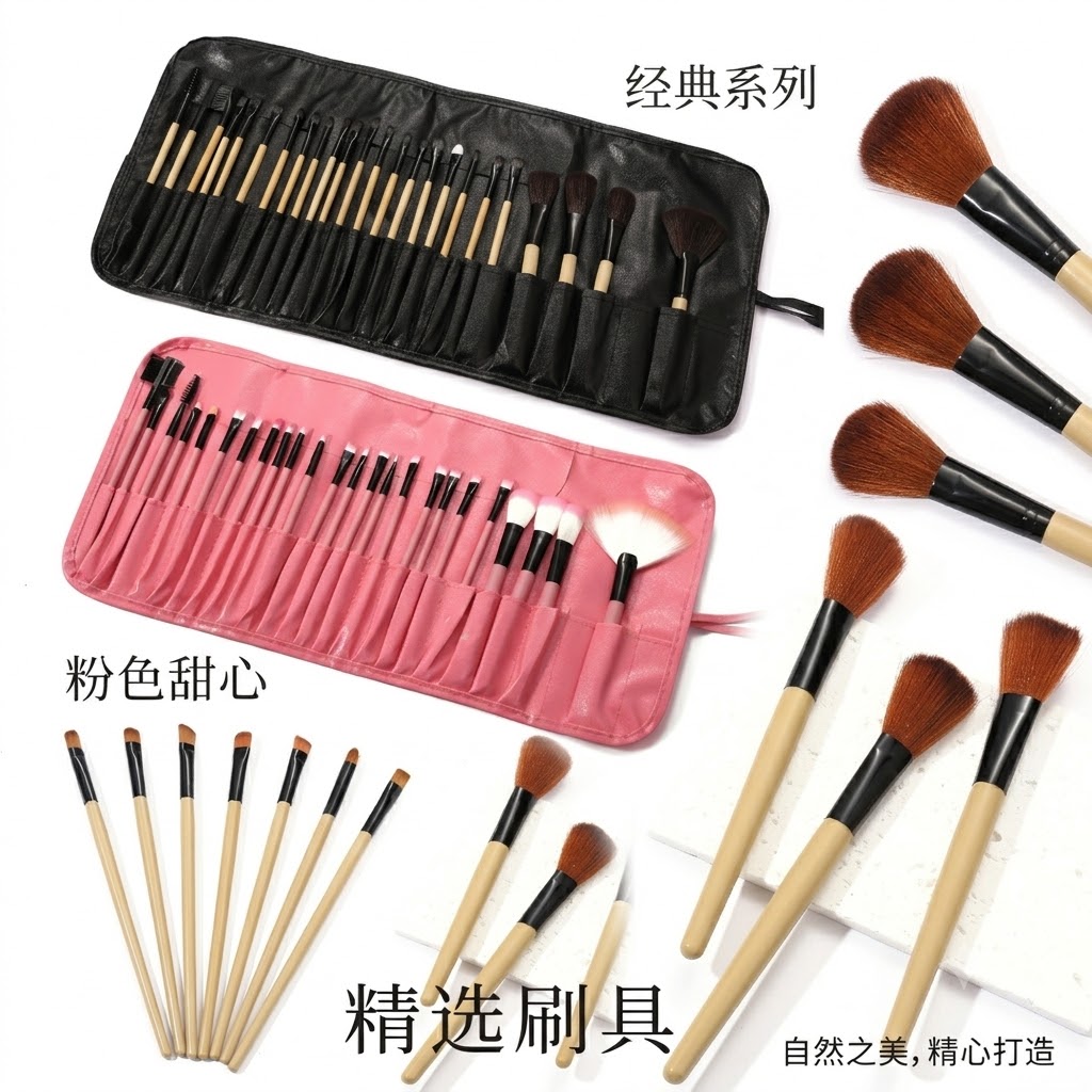 24-Piece Complete Makeup Brush Kit + Tan Leather Roll Pouch