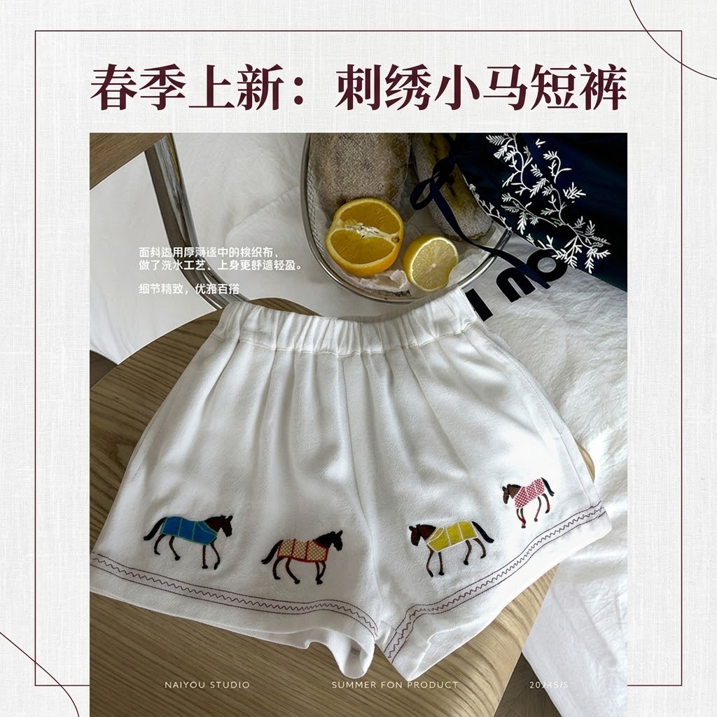 Girls' Cotton Linen Embroidered Shorts