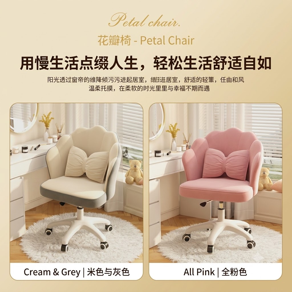 Pink Petal Velvet Vanity Chair with Bow Lumbar Pillow
