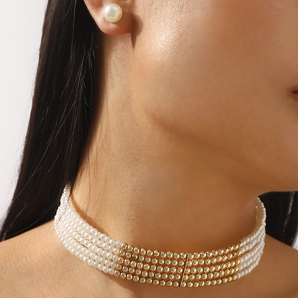 Sparkling Two-Tone 5-Row Rhinestone Choker Necklace