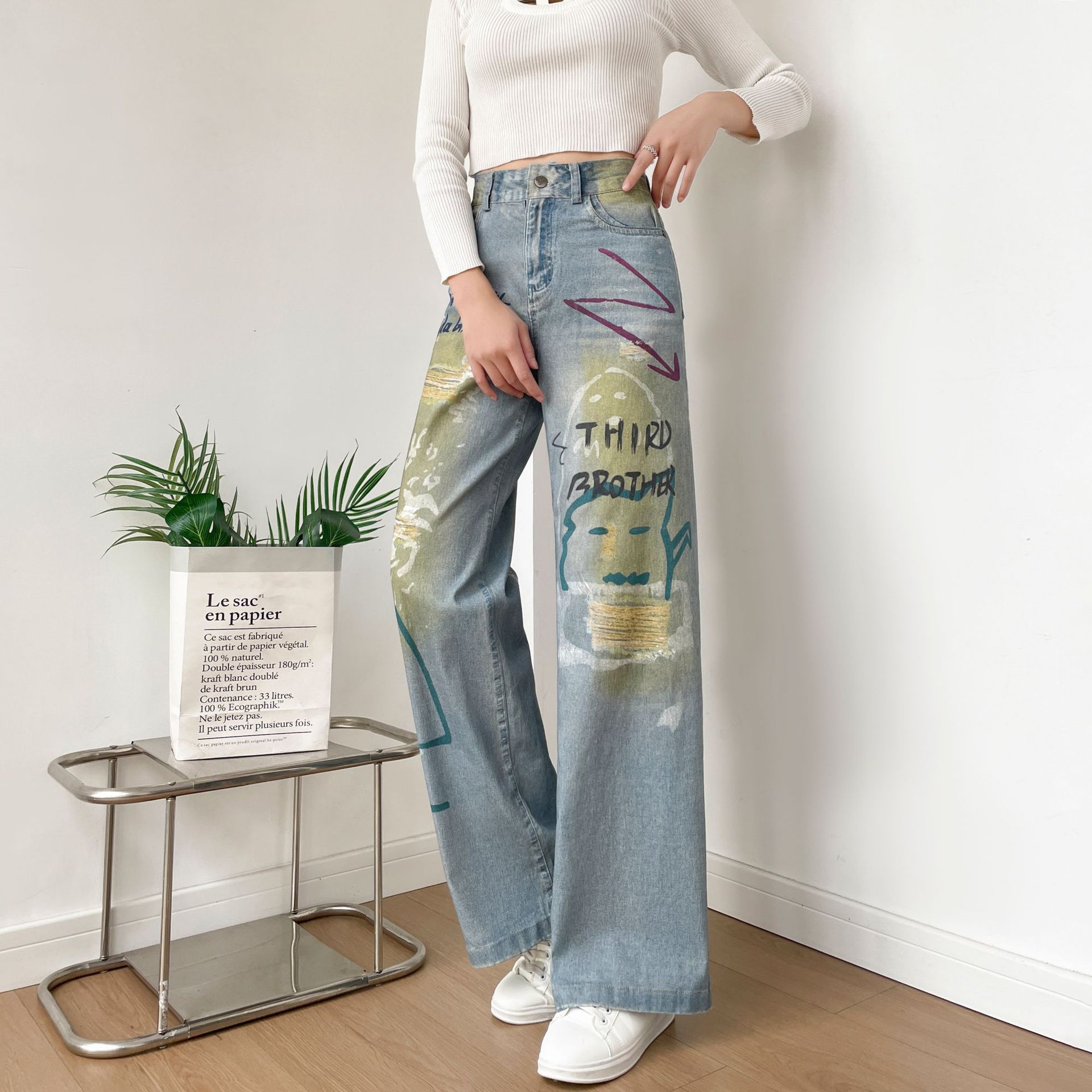 Women's High-Waisted Graffiti Print Wide-Leg Jean