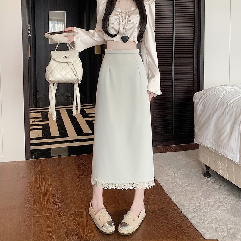 Women's High-Waisted Lace Hem Midi Skirt