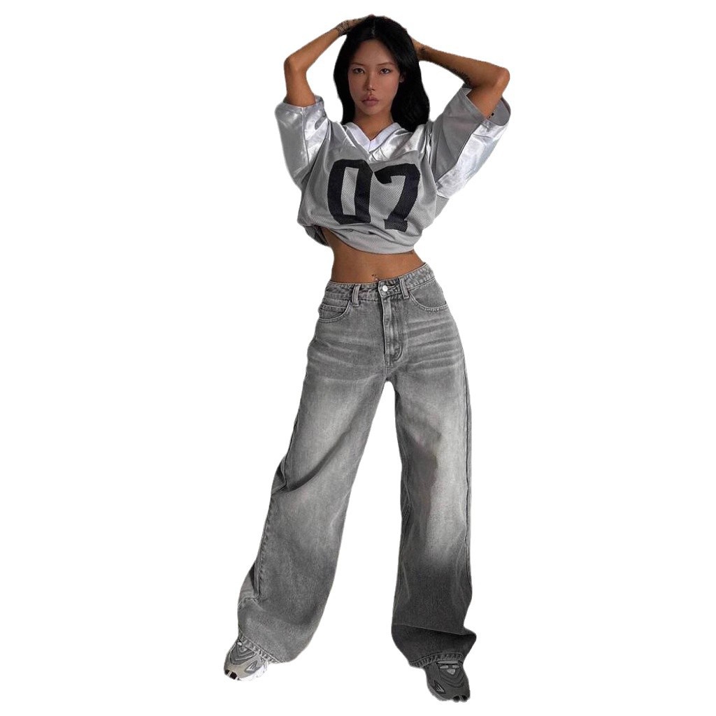 Y2K High-Waisted Baggy Wide-Leg Washed Jeans